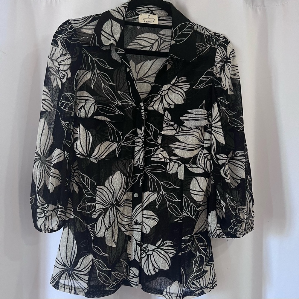 Elegant sheer Black and White Floral Blouse